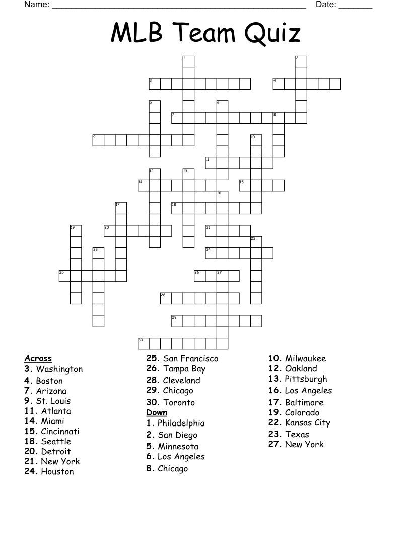 MLB Team Quiz Crossword WordMint