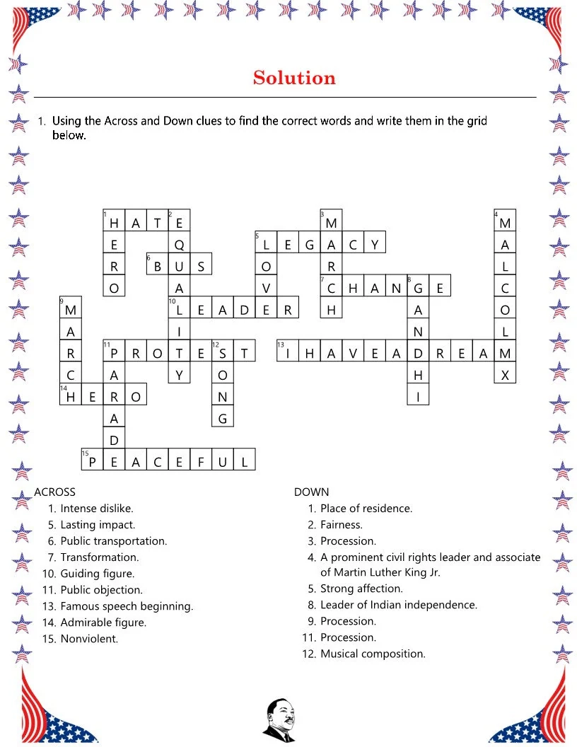 MLK Day Crossword Puzzle Vocabulary Activity printable Worksheet Etsy