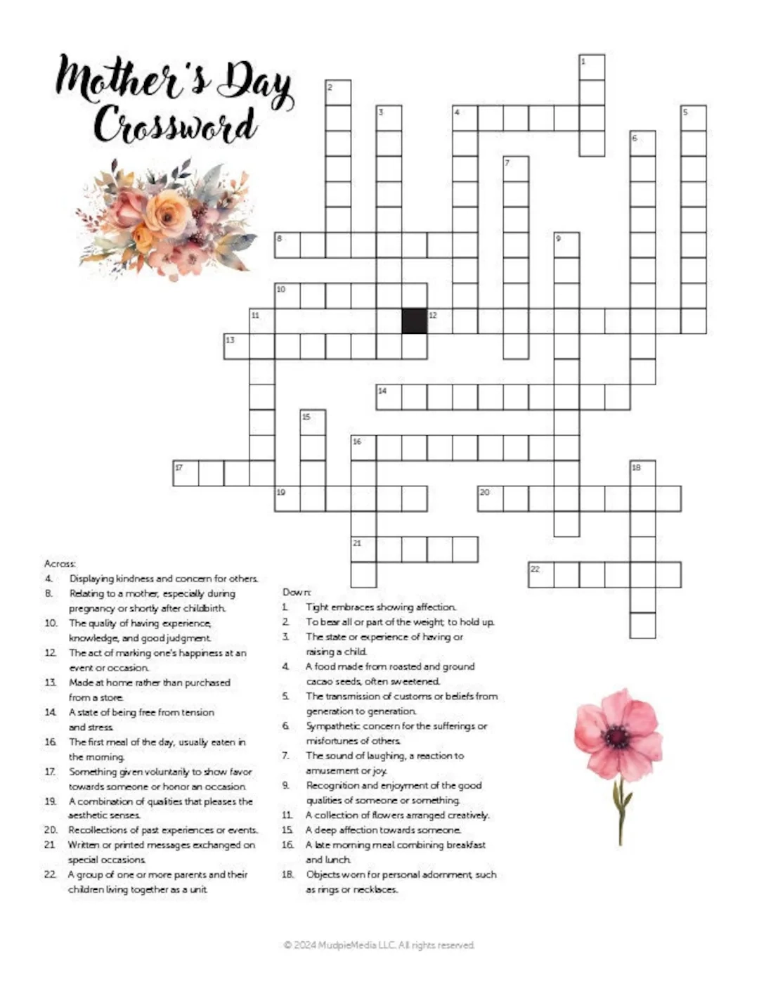 Mother s Day Crossword Puzzle Fun Sentimental Gift PDF Etsy