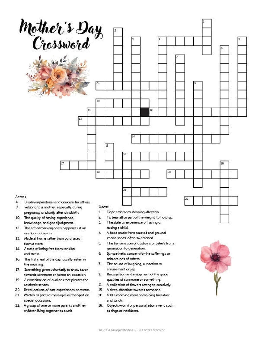 Mother s Day Crossword Puzzle Fun Sentimental Gift PDF Etsy