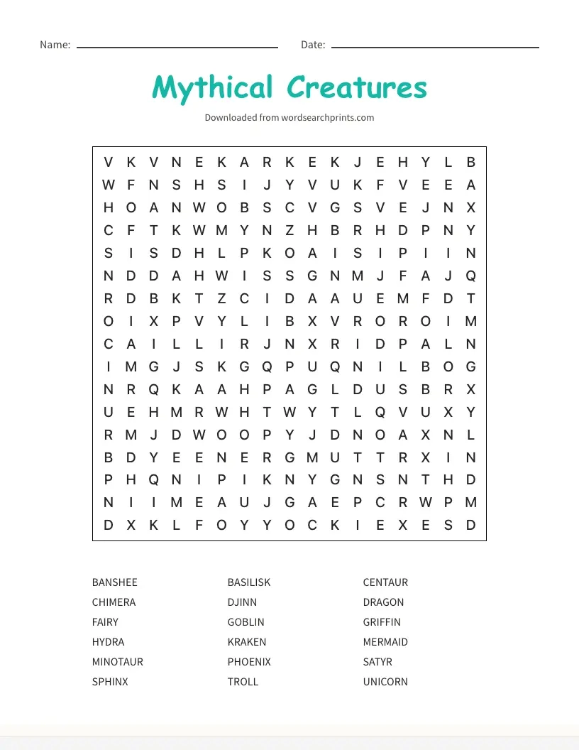 Mythical Creatures Word Search Puzzles Word Search