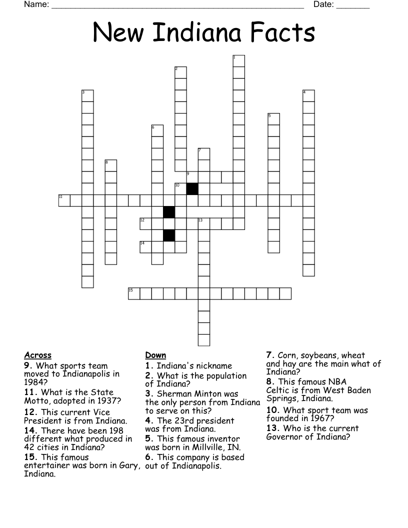 New Indiana Facts Crossword WordMint