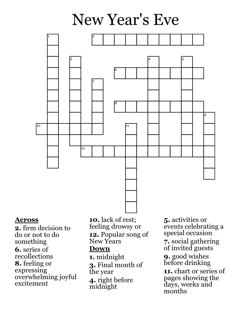 New Year s Eve Crossword WordMint