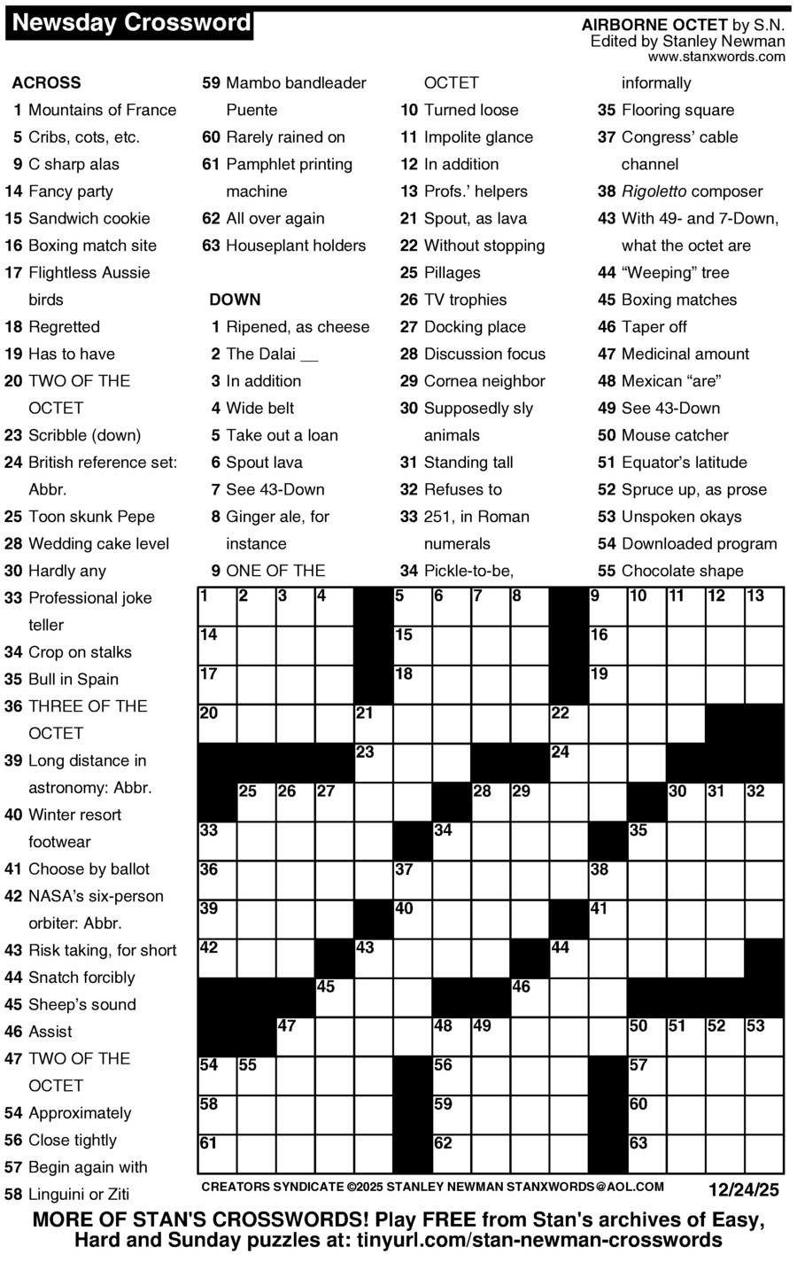 Newsday Crossword Puzzle For Dec 24 2025 By Stanley Newman Creators Syndicate
