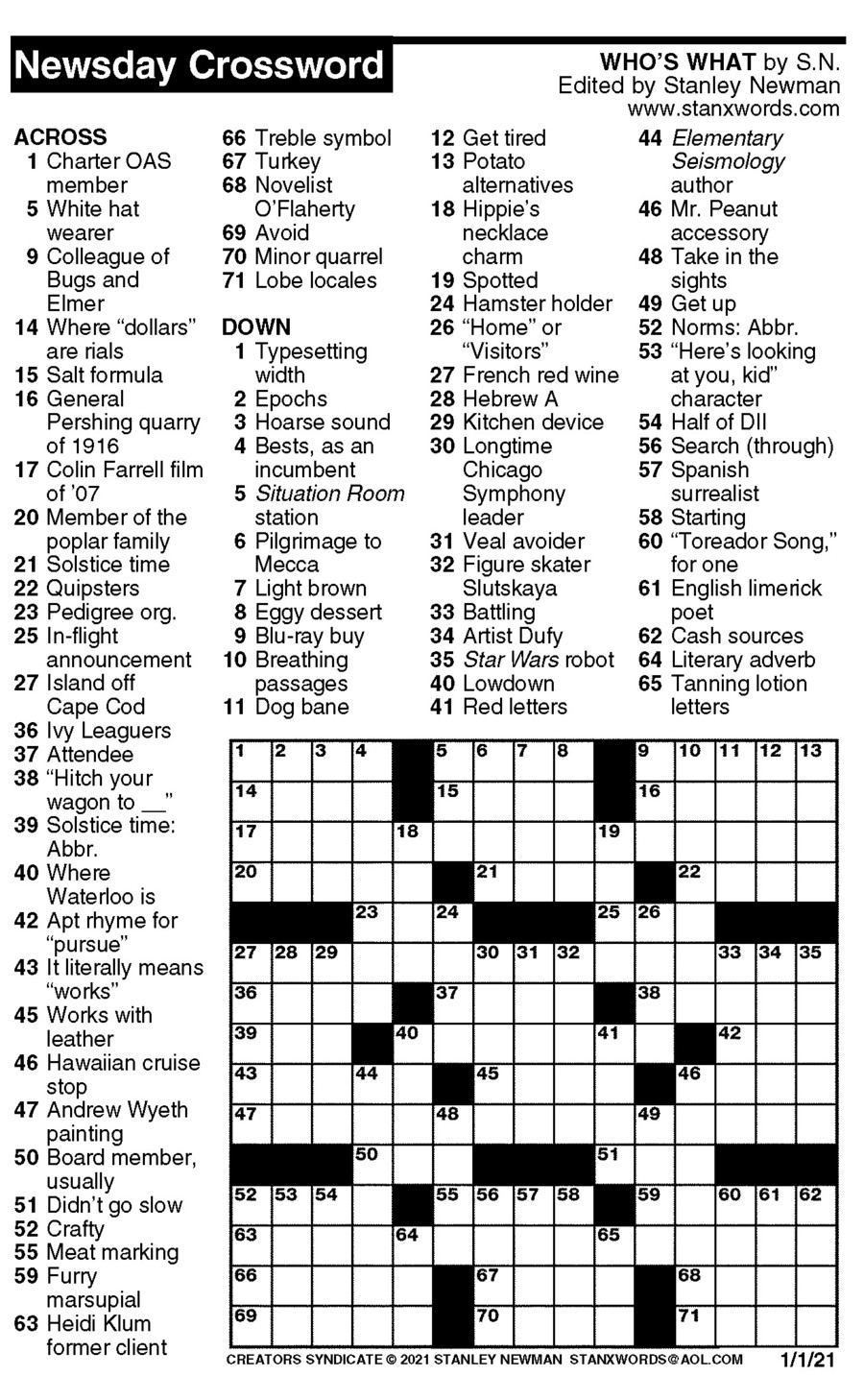 Newsday Crossword Puzzle For Jan 01 2021 By Stanley Newman Creators Syndicate