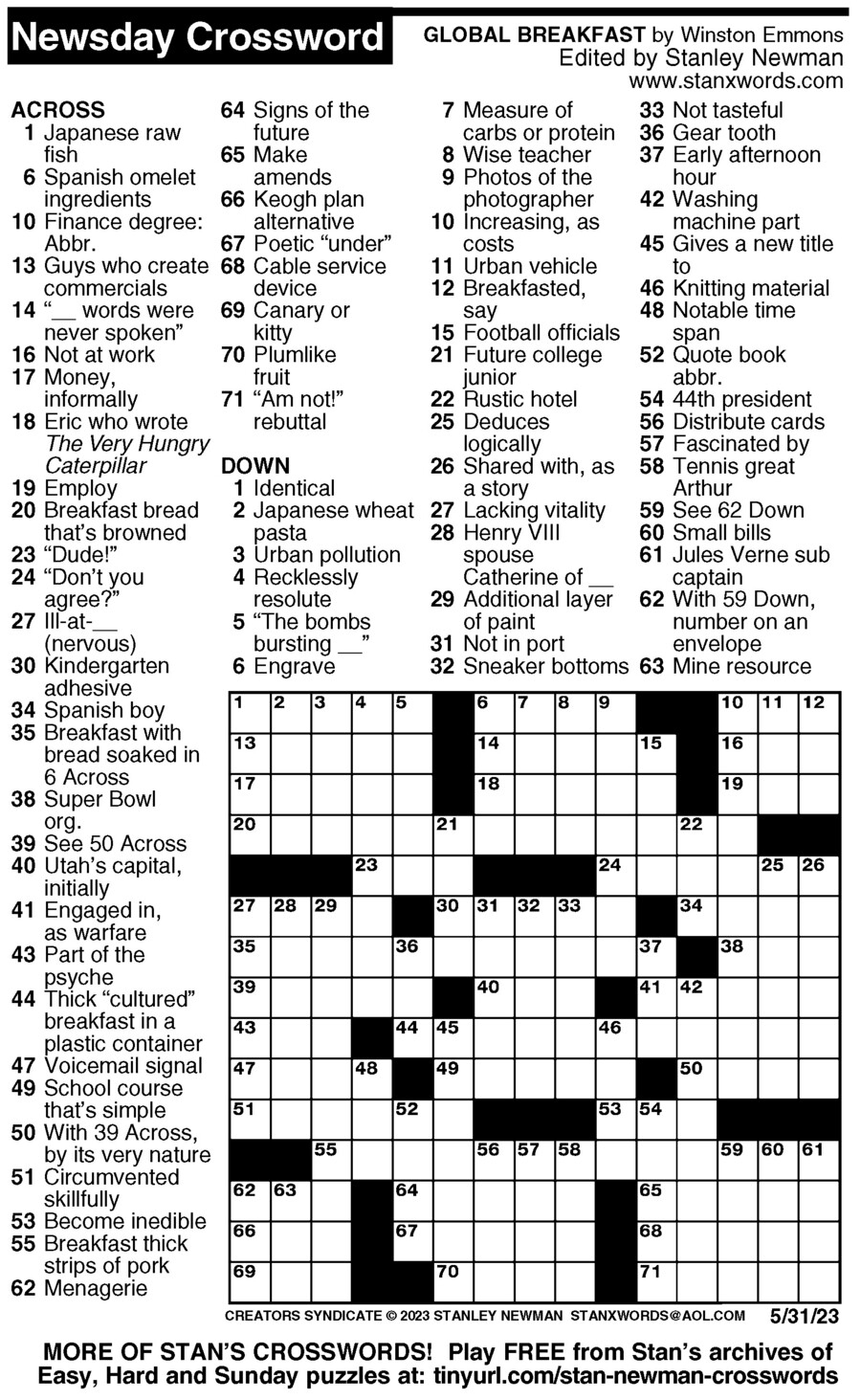Newsday Crossword Puzzle For May 31 2023 By Stanley Newman Creators Syndicate