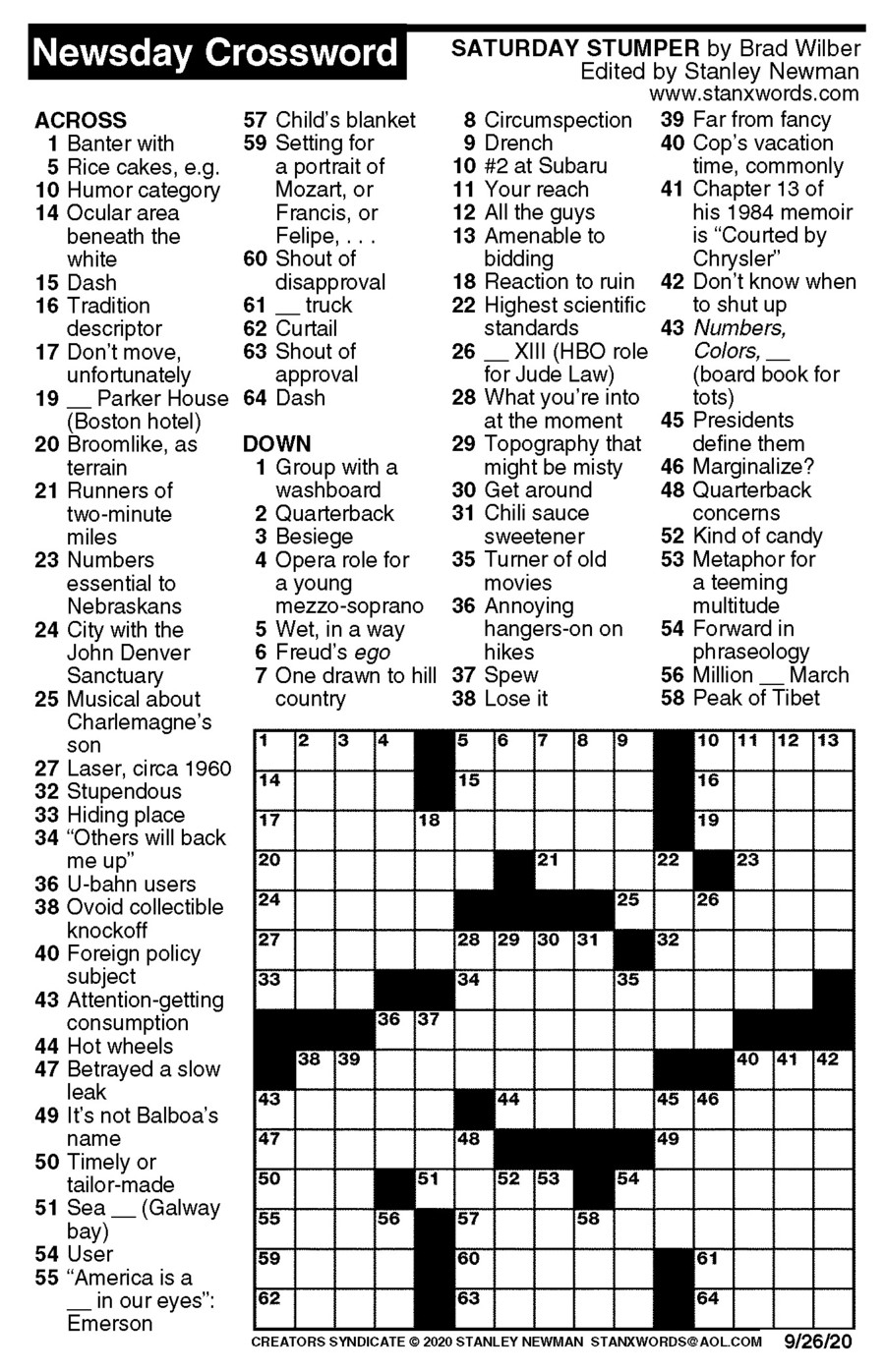 Newsday Crossword Puzzle For Sep 26 2020 By Stanley Newman Creators Syndicate