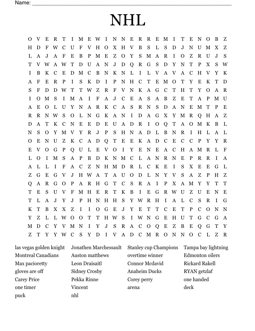 NHL Word Search WordMint