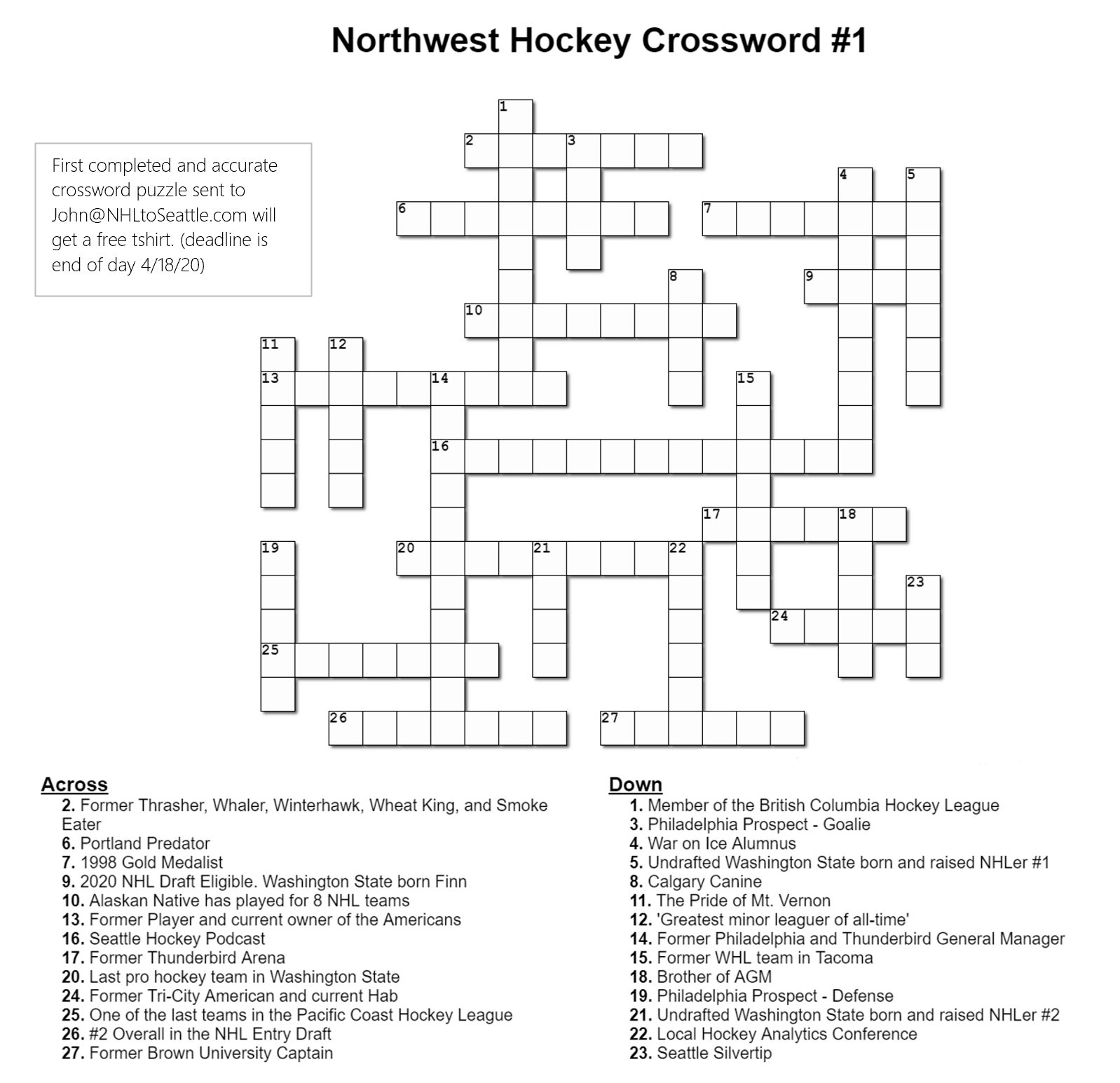 Northwest Hockey Crossword 1 NHL To SEATTLE