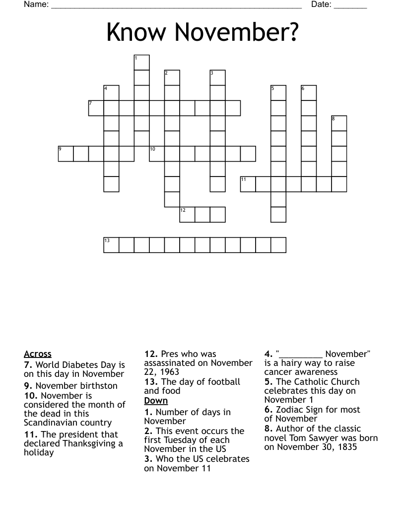 November Crossword WordMint