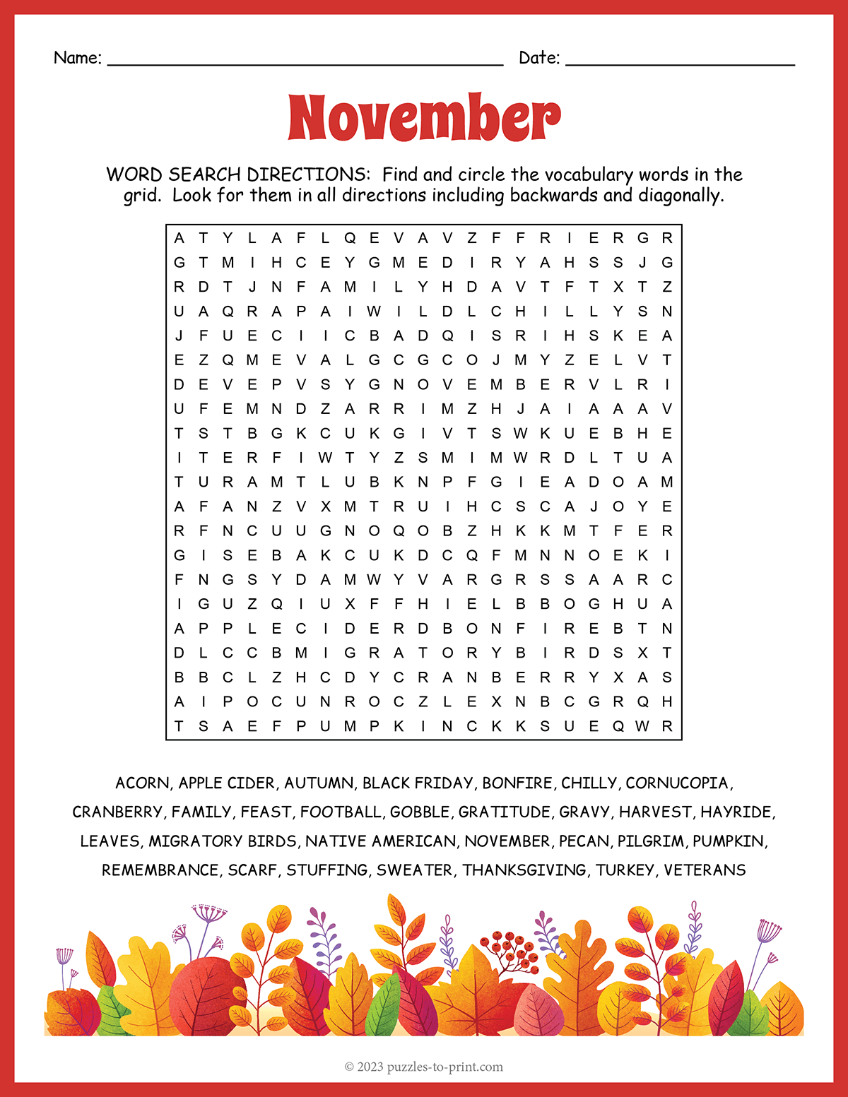 November Word Search