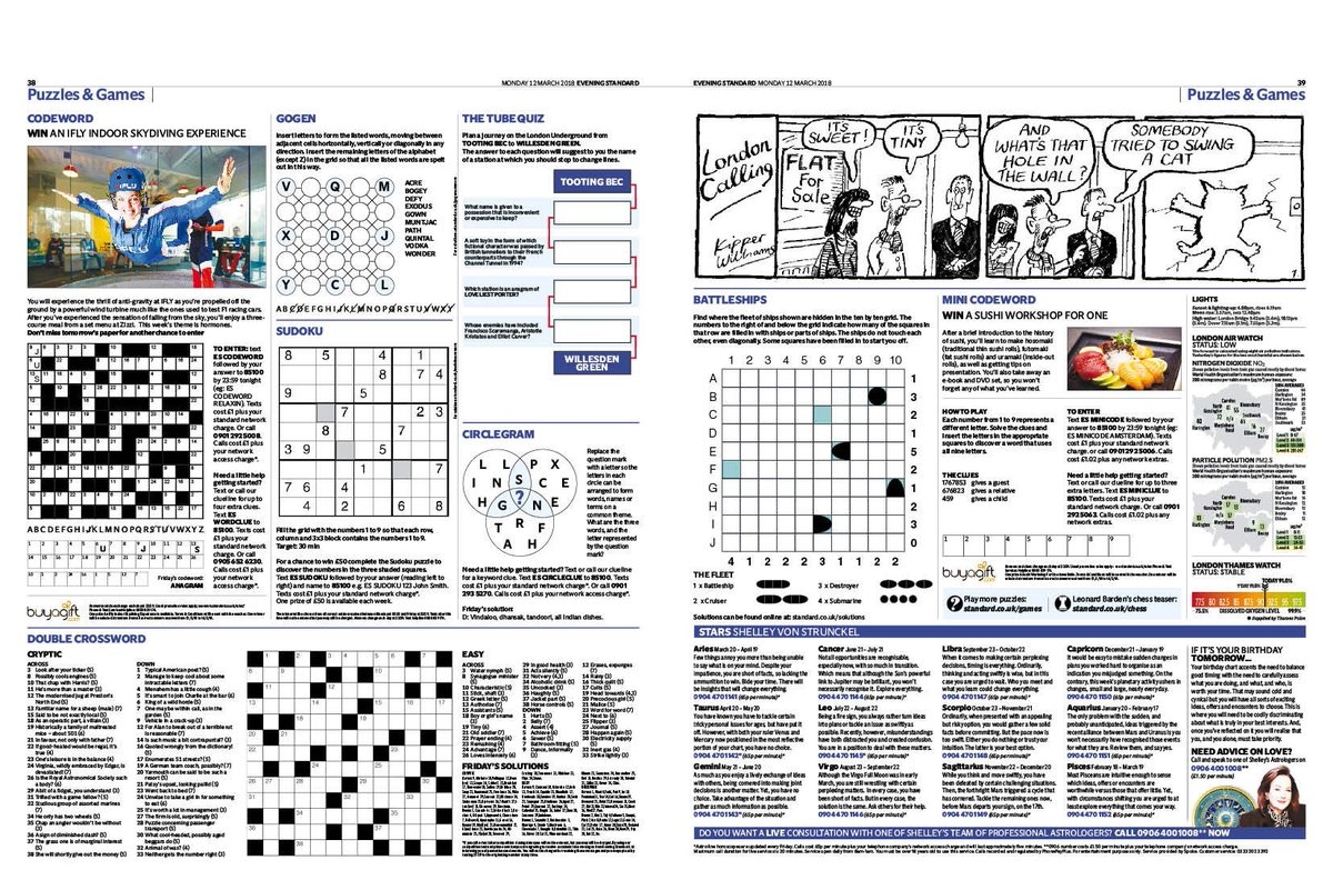 Now Two Pages Of Puzzles EveningStandard With A New Tube Quiz Our New London Calling Cartoon Strip From The Brilliant KipperWilliams