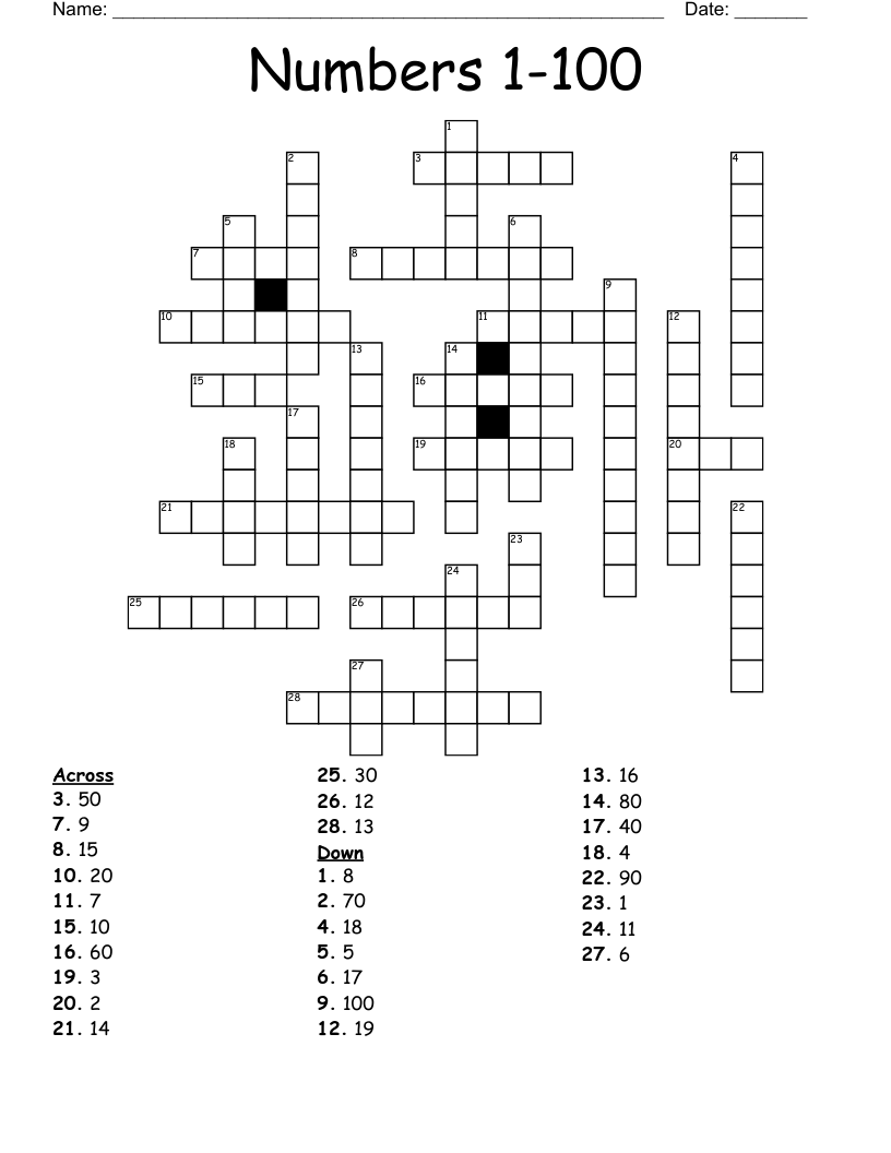 Numbers 1 100 Crossword WordMint
