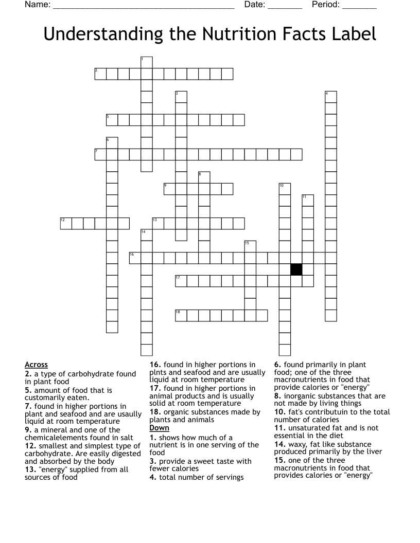 Nutrition Facts Crossword WordMint