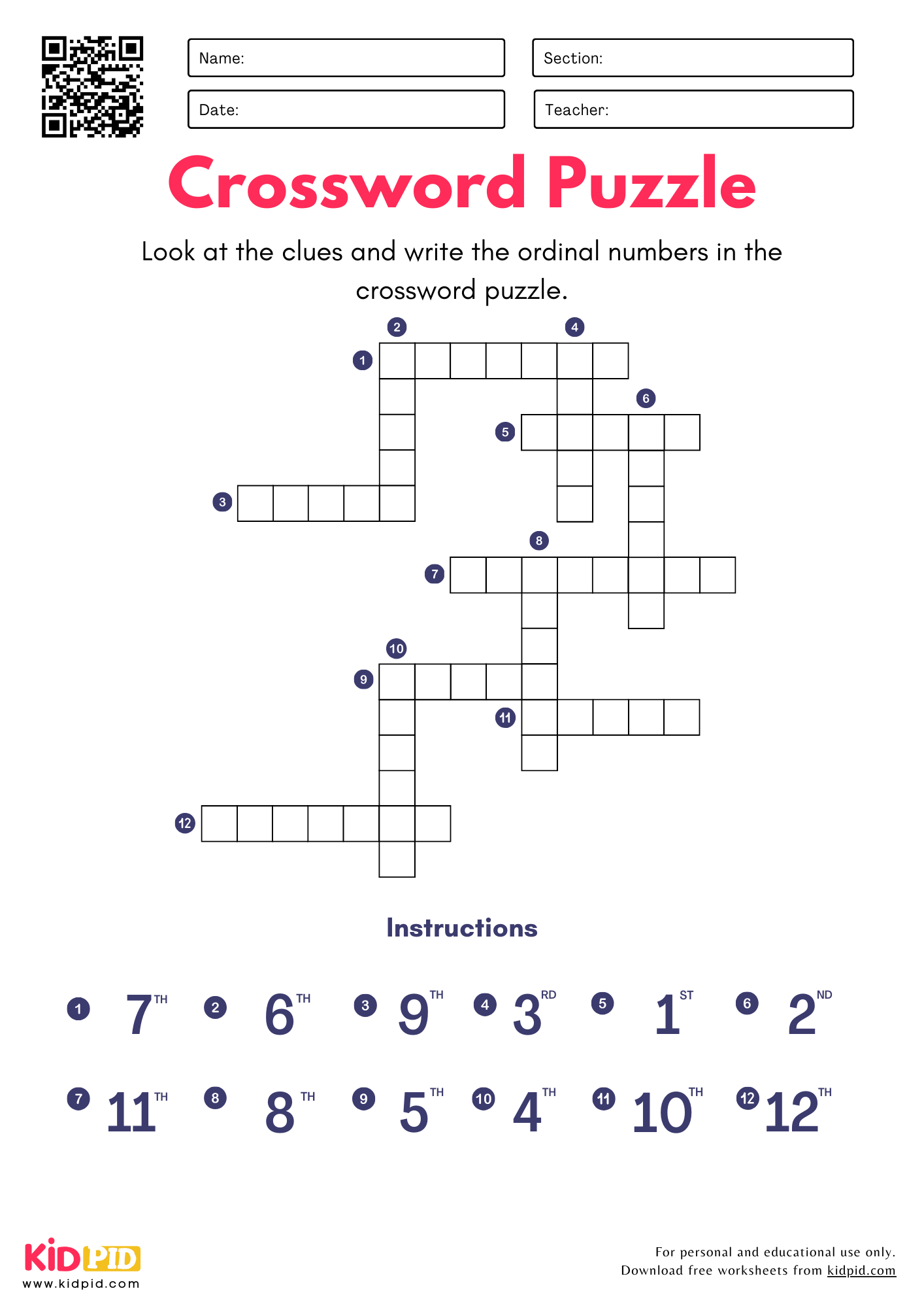 Ordinal Numbers Crossword Puzzle Worksheets For Grade 1 Kidpid Ordinal Numbers Crossword Puzzle Worksheets For Grade 1 Kidpid