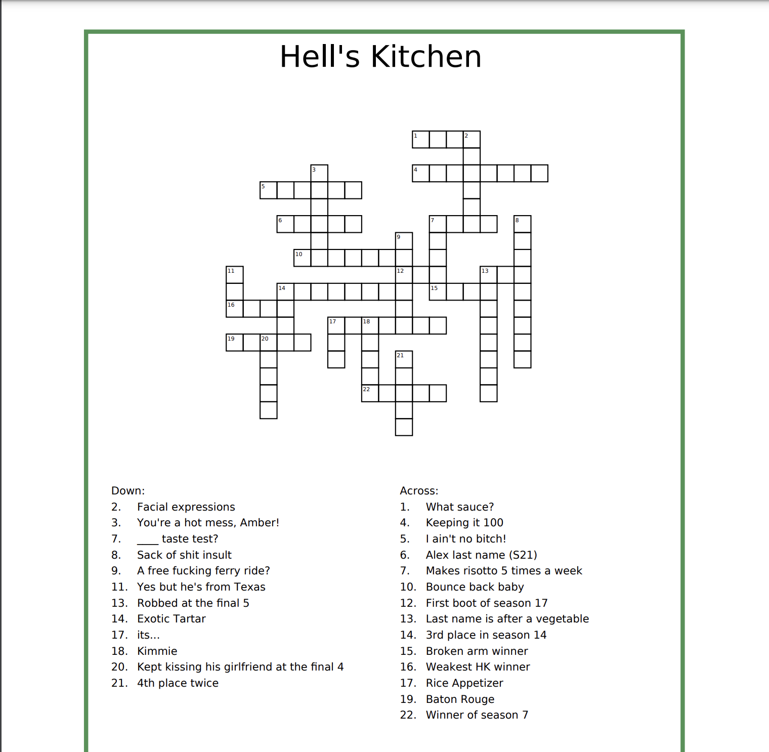 Out Of Boredom I Made An HK Crossword Puzzle it s Pretty Easy Lol R HellsKitchen