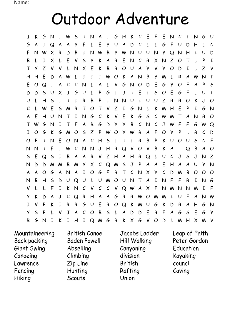 Outdoor Adventure Word Search WordMint