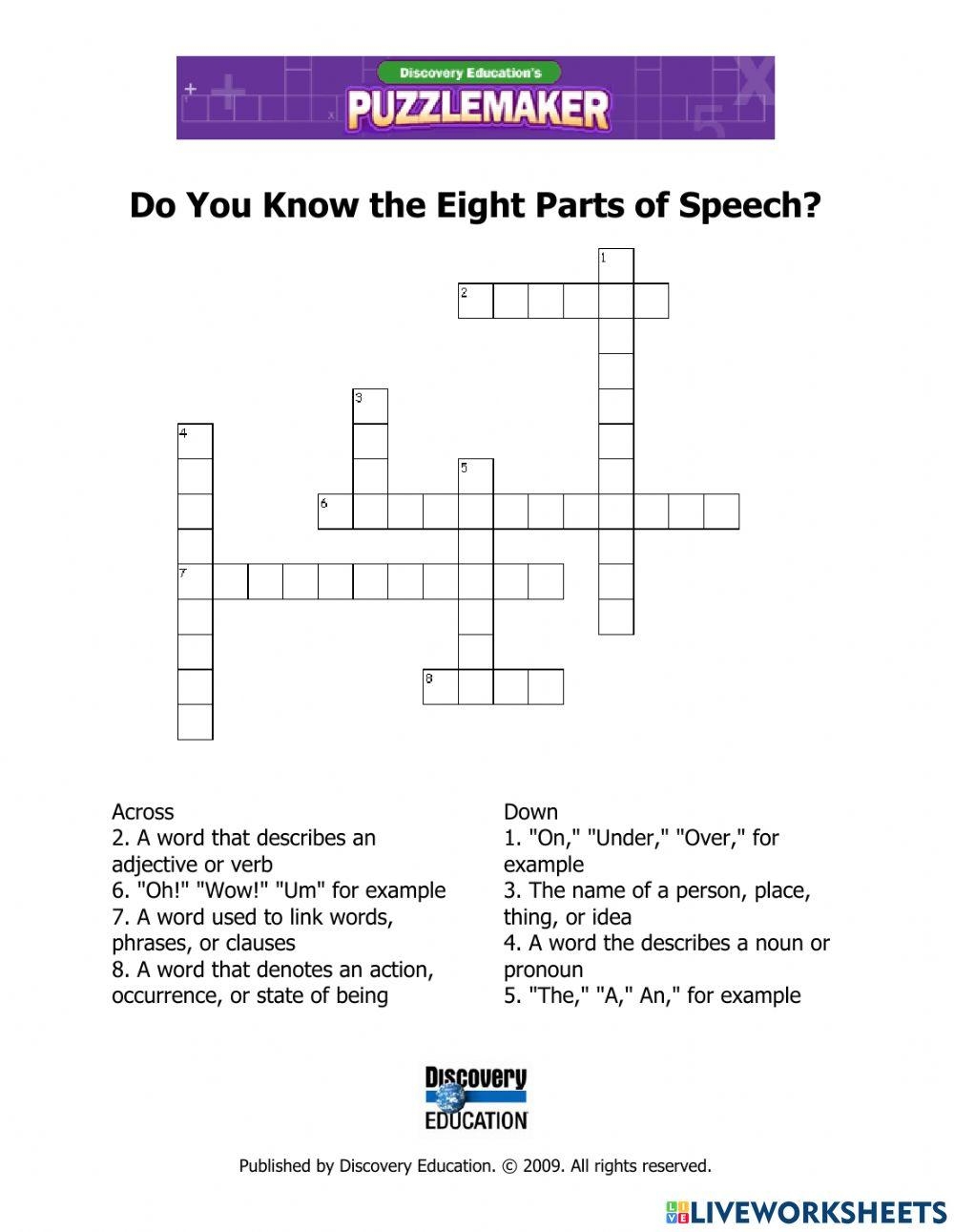 Parts Of Speech Crossword Puzzle Online Exercise For Worksheets Library