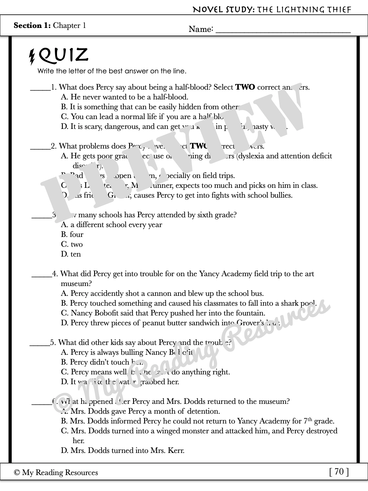 Percy Jackson And The Olympians The Lightning Thief Section Quizzes Crossword Puzzles My Reading Resources