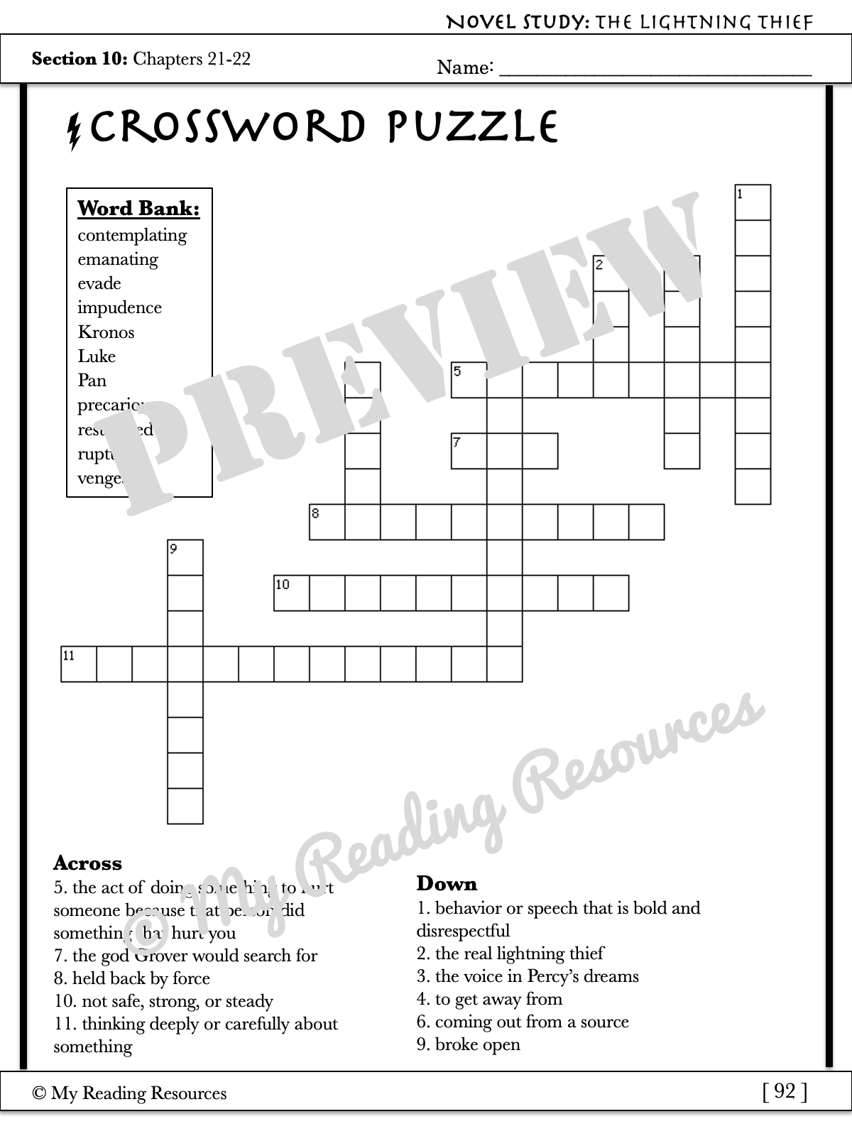 Percy Jackson And The Olympians The Lightning Thief Section Quizzes Crossword Puzzles My Reading Resources