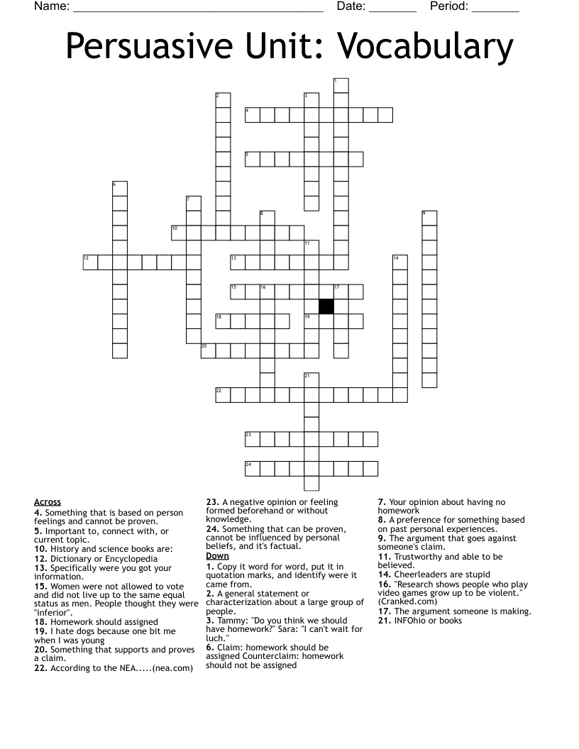 Persuasive Unit Vocabulary Crossword WordMint