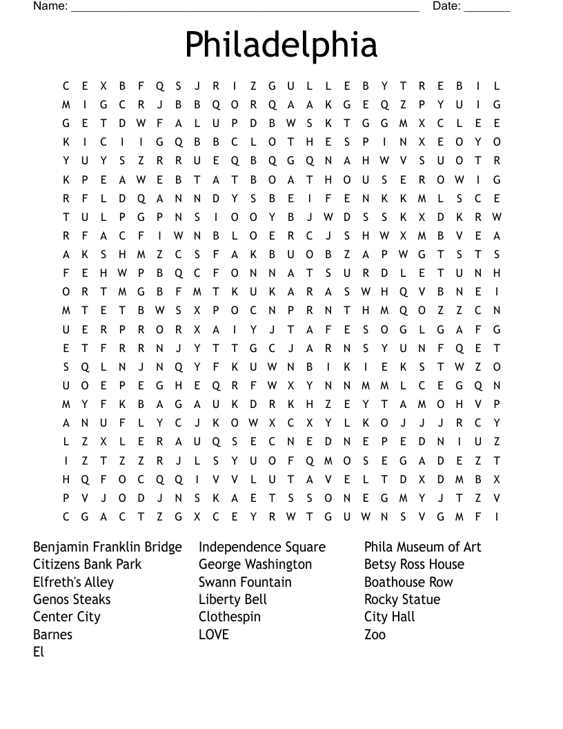 Philadelphia Word Search WordMint