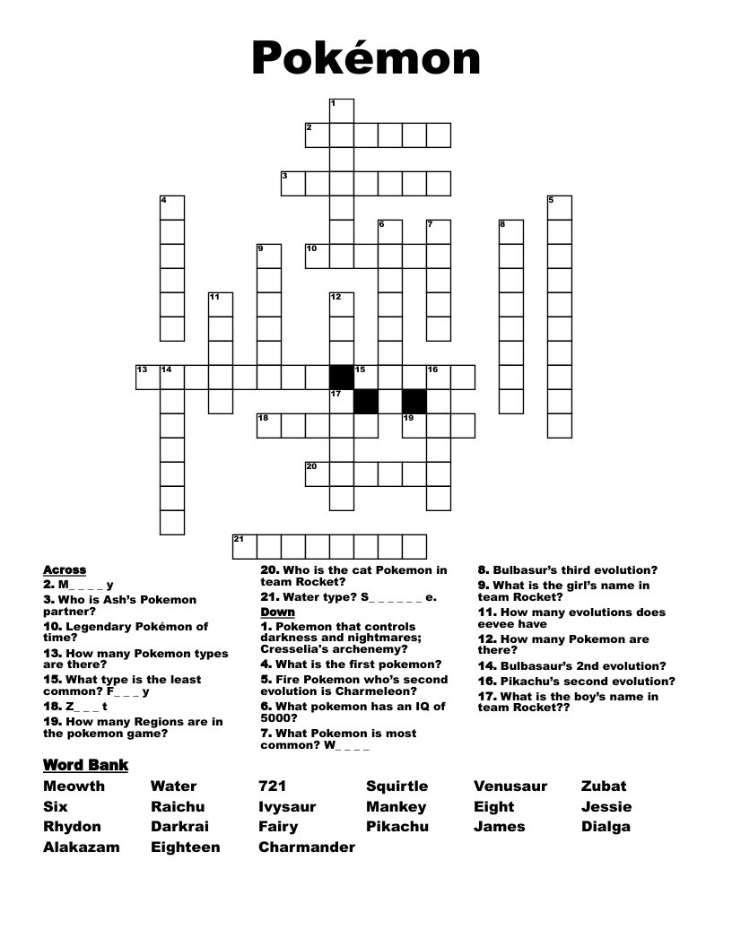Pokemon Crossword Puzzle WordMint