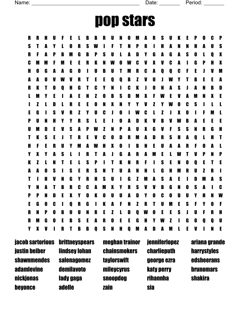 Pop Stars Word Search WordMint