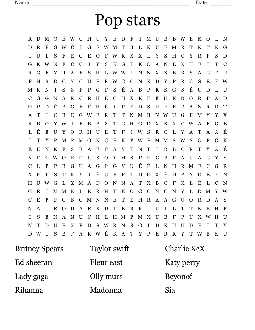 Pop Stars Word Search WordMint Pop Stars Word Search WordMint