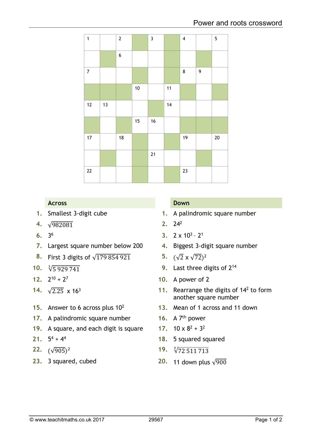 Power And Roots Math Crossword Puzzle