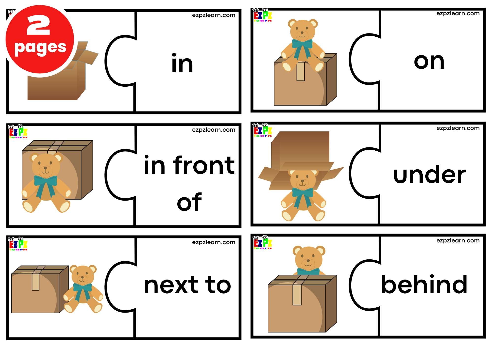 Prepositions Puzzle Match Game Large Size 6 Words Per Page Free PDF Download Ezpzlearn