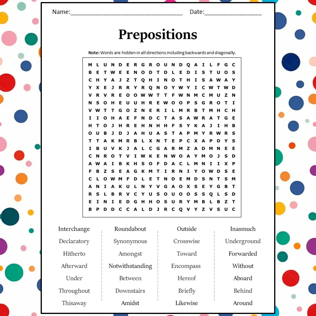 Prepositions Word Search Puzzle Worksheet Activity PDF PrintableBazaar