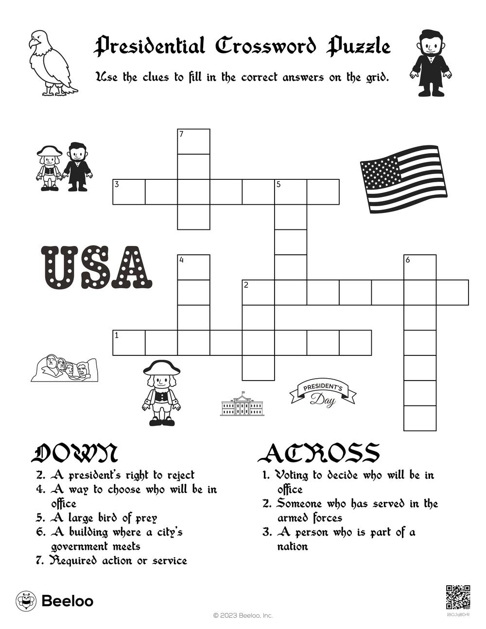 Presidents Day themed Crossword Puzzles Beeloo Printable Crafts And Activities For Kids