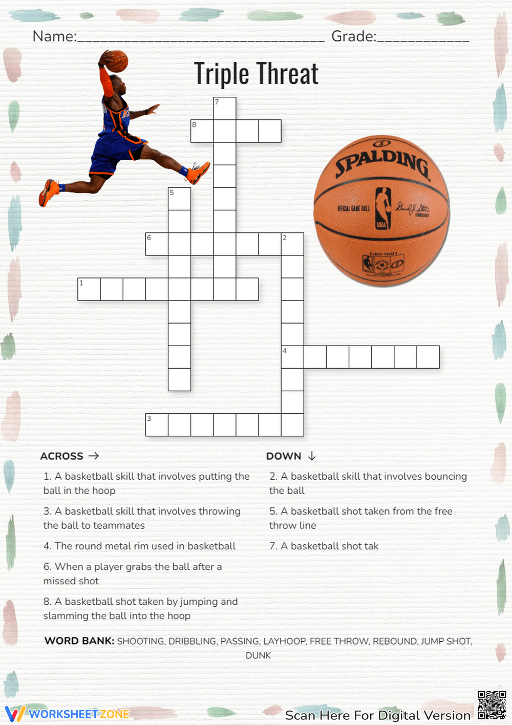 Printable 1st Grade Basketball Crossword Puzzle Worksheets Download