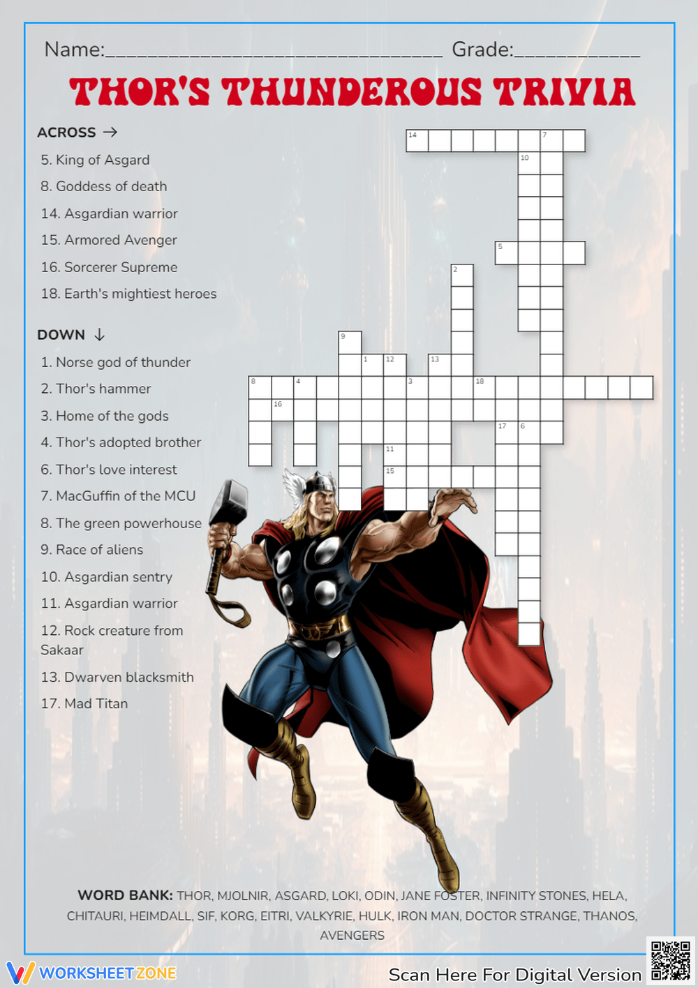 Printable 1st Grade Marvel Crossword Puzzle Worksheets