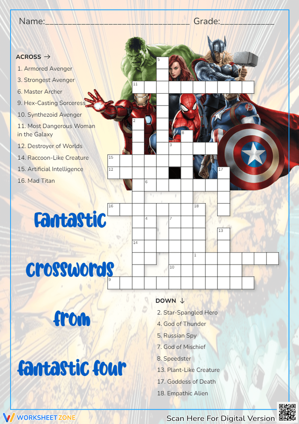 Printable 2nd Grade Marvel Crossword Puzzle Worksheets Download