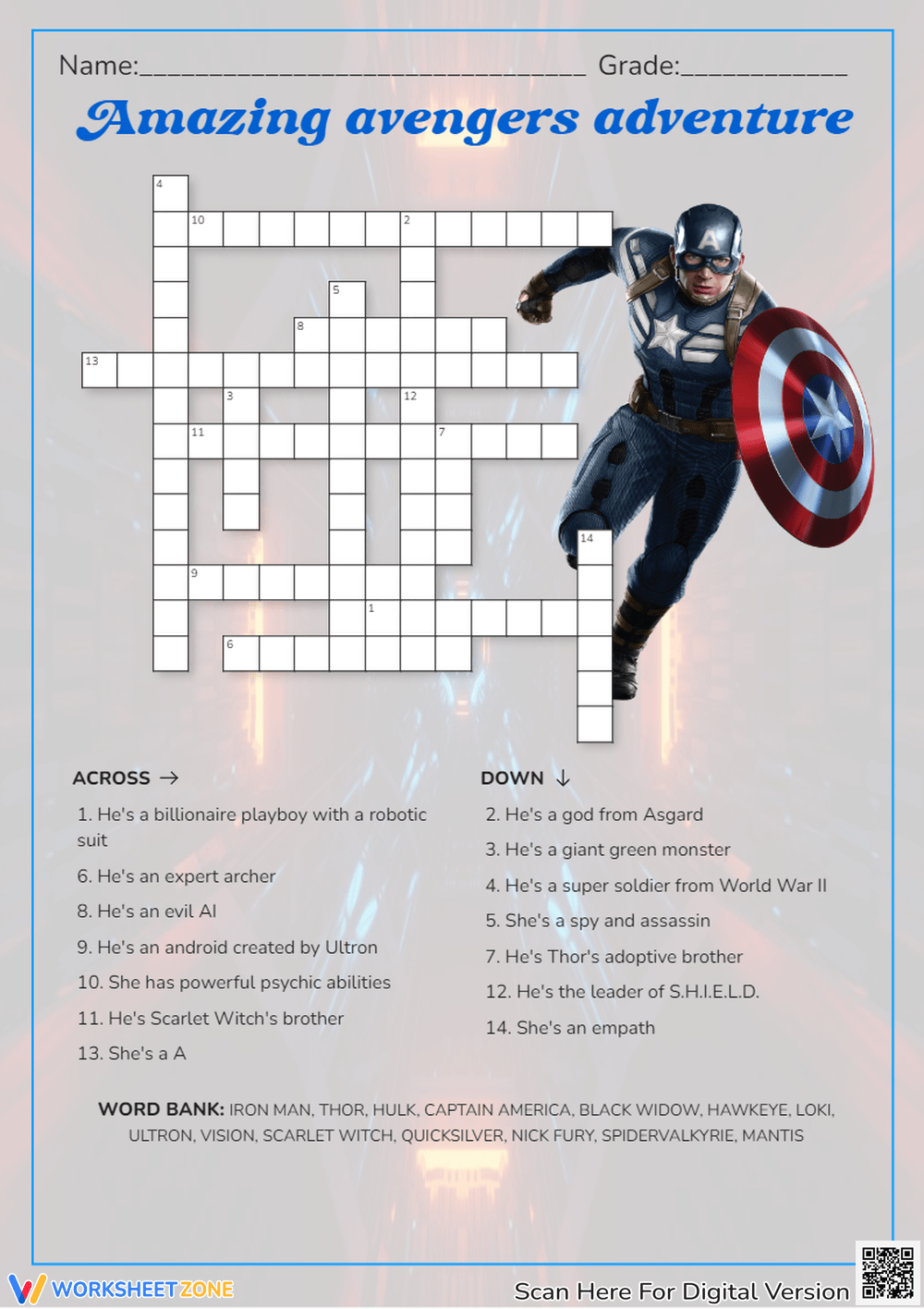 Printable 2nd Grade Marvel Crossword Puzzle Worksheets Download