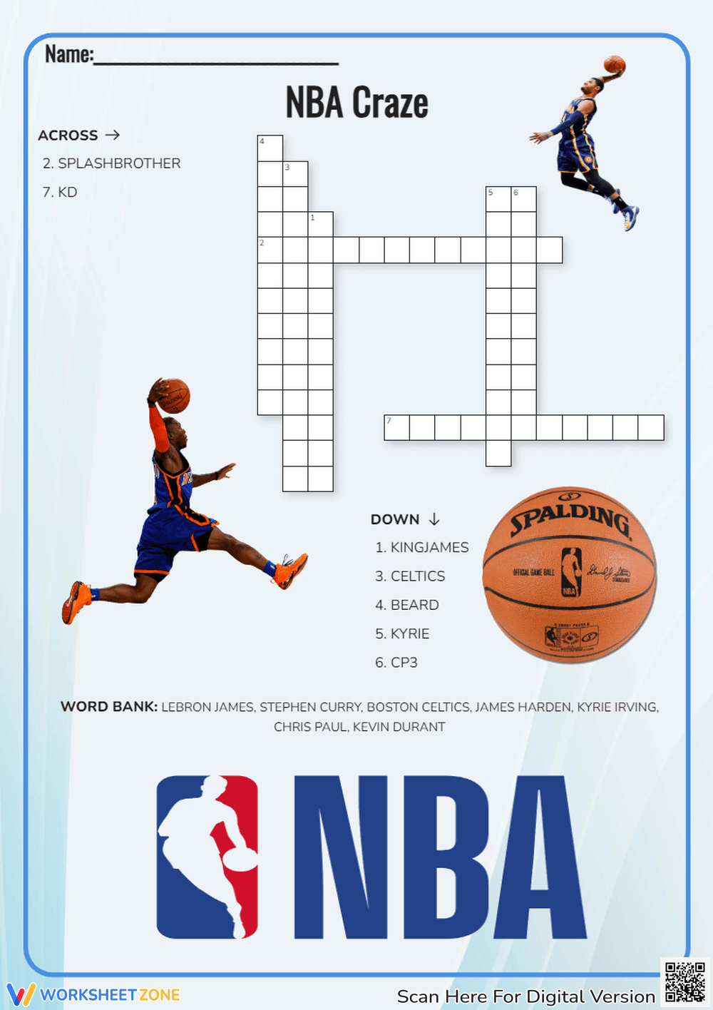 Printable 2nd Grade NBA Crossword Puzzles Worksheets