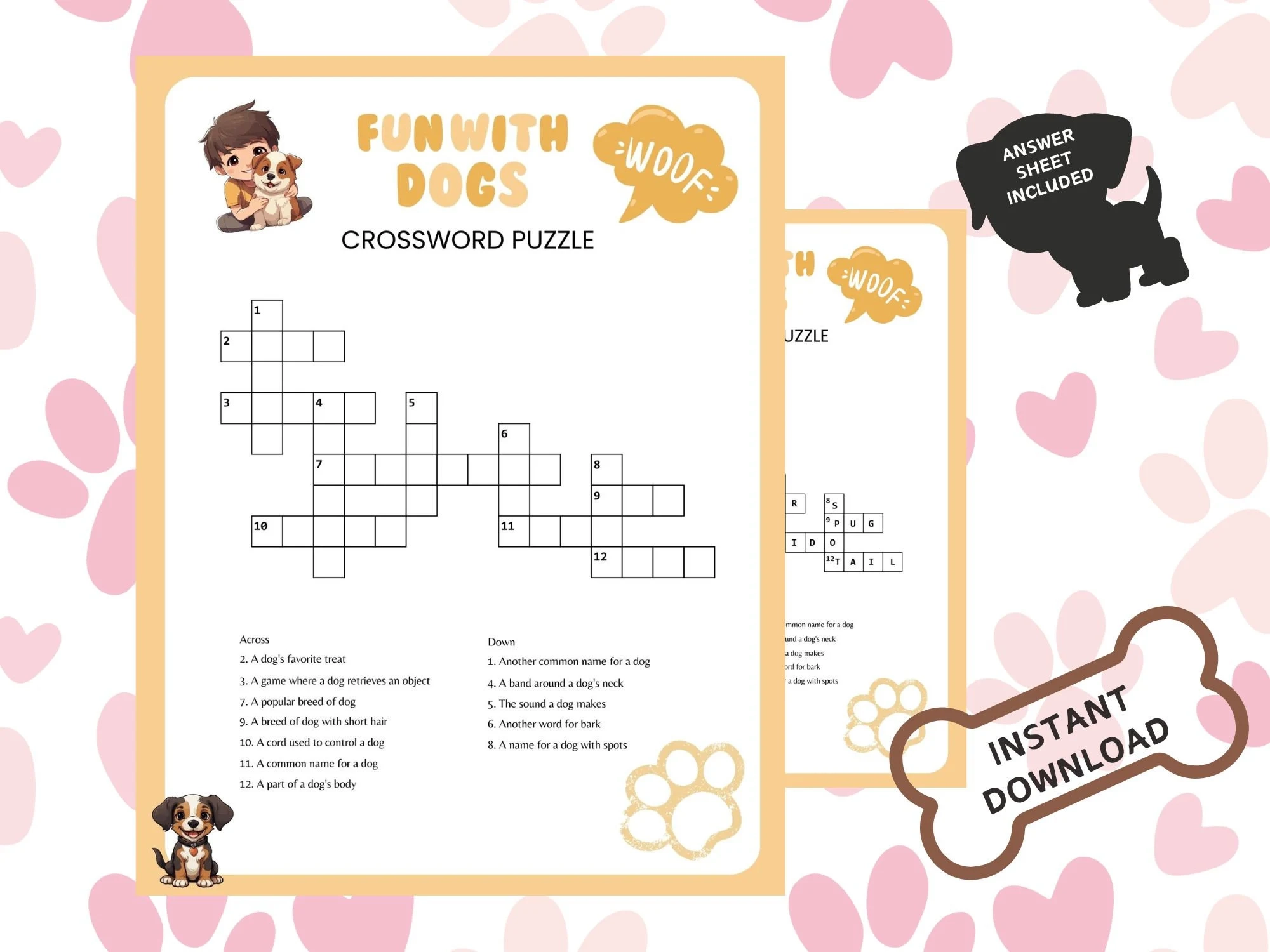 Printable Dog themed Crossword Puzzle Canine Brain Teaser W answers Family Friendly Game Kids And Adult Wordplay Fun PDF File Digital Etsy