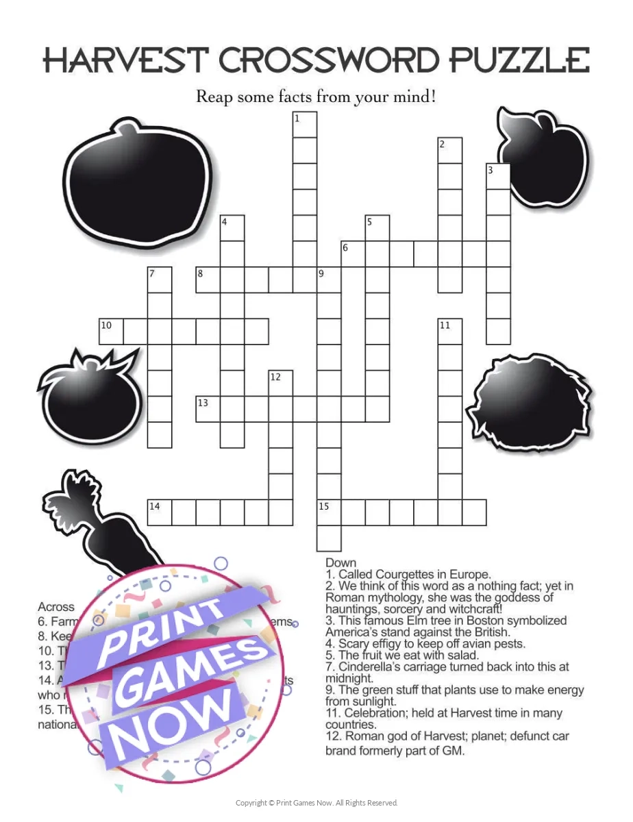 Printable Fall Harvest Crossword Puzzle Party Game Print Games Now