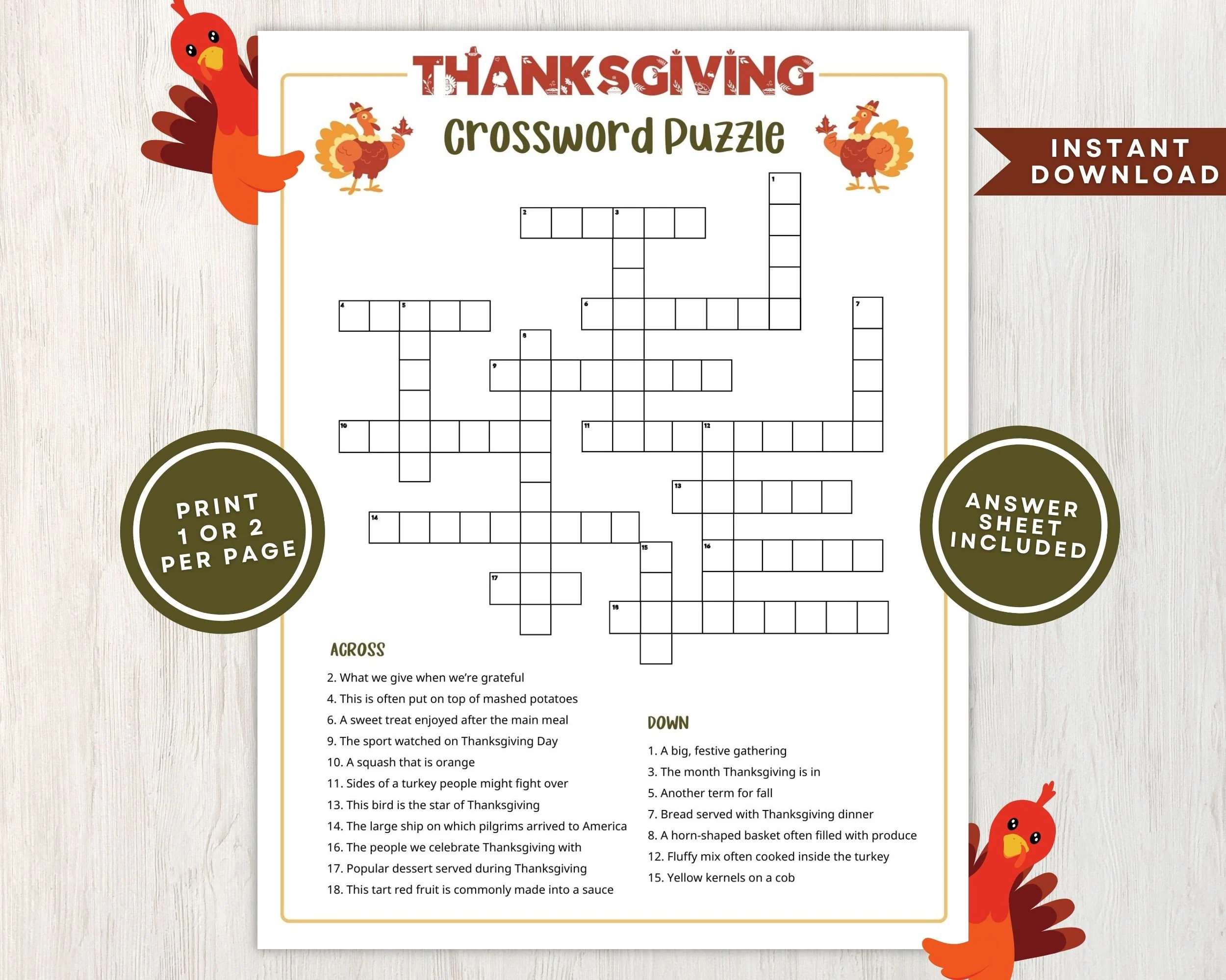 Printable Thanksgiving Crossword Puzzle For Kids And Adults Crossword Game For Thanksgiving Gatherings And Classrooms Instant Download Etsy Canada