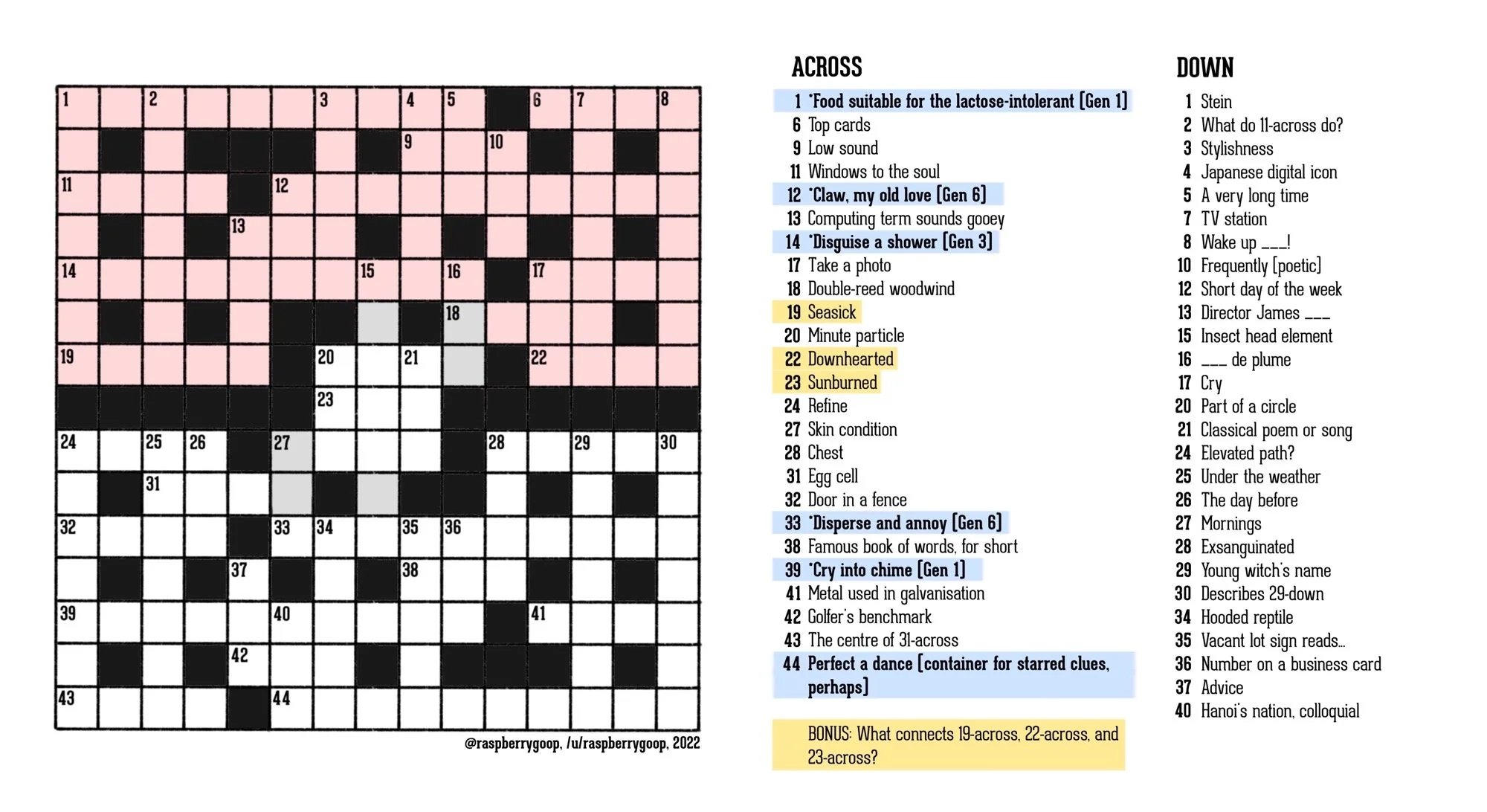 Puzzle Fans I Wrote A Pok mon Crossword The Highlighted Clues Have A Pok mon Theme And There s A Few Bonus Words Too R pokemon