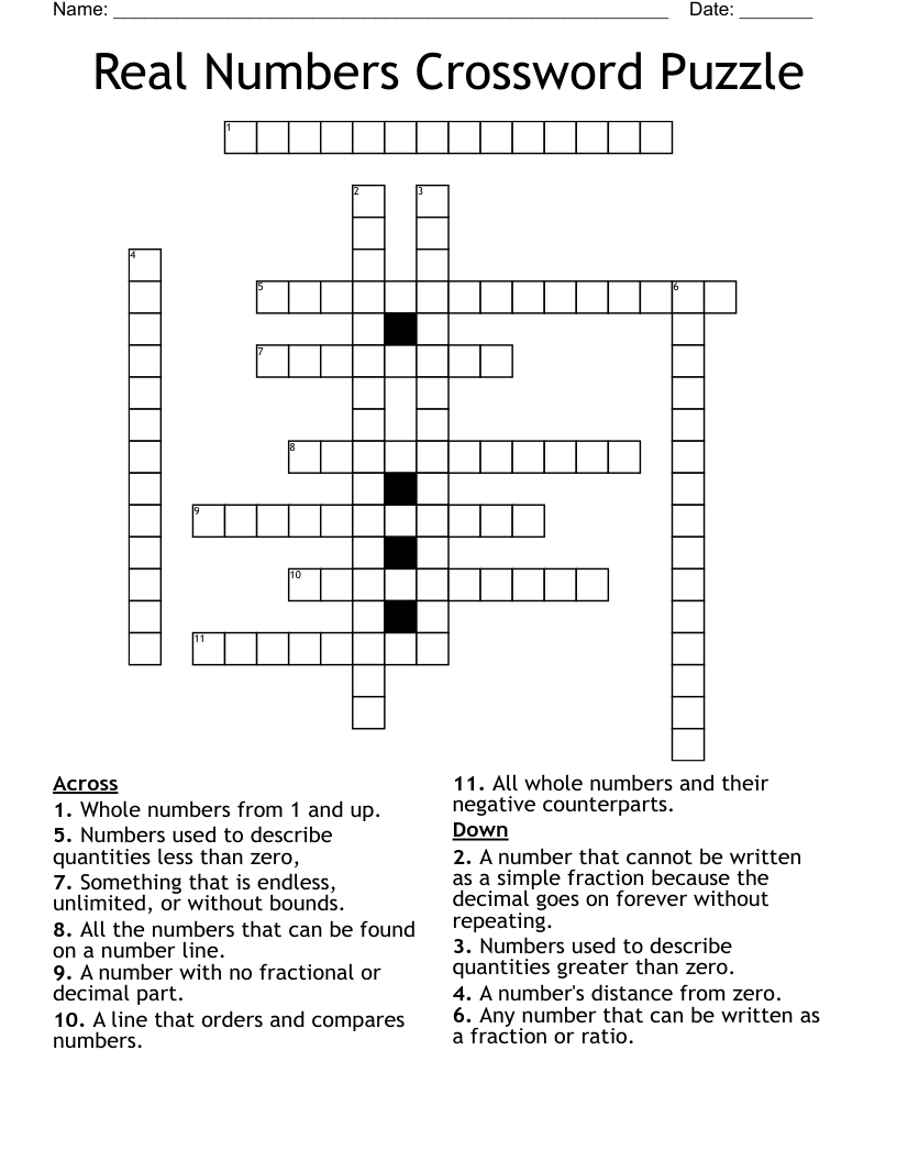 Real Numbers Crossword Puzzle WordMint