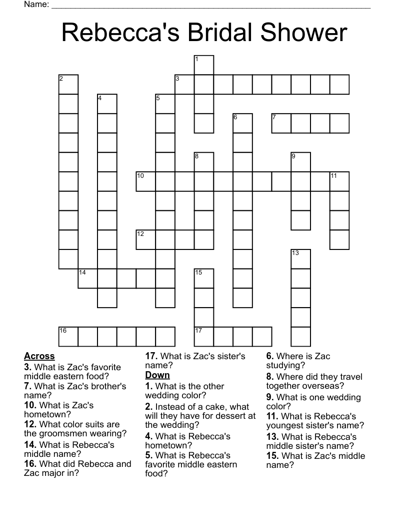 Rebecca s Bridal Shower Crossword WordMint Rebecca s Bridal Shower Crossword WordMint