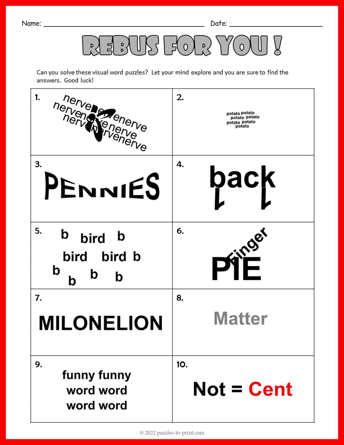 Rebus Worksheet 2 Rebus Worksheet 2