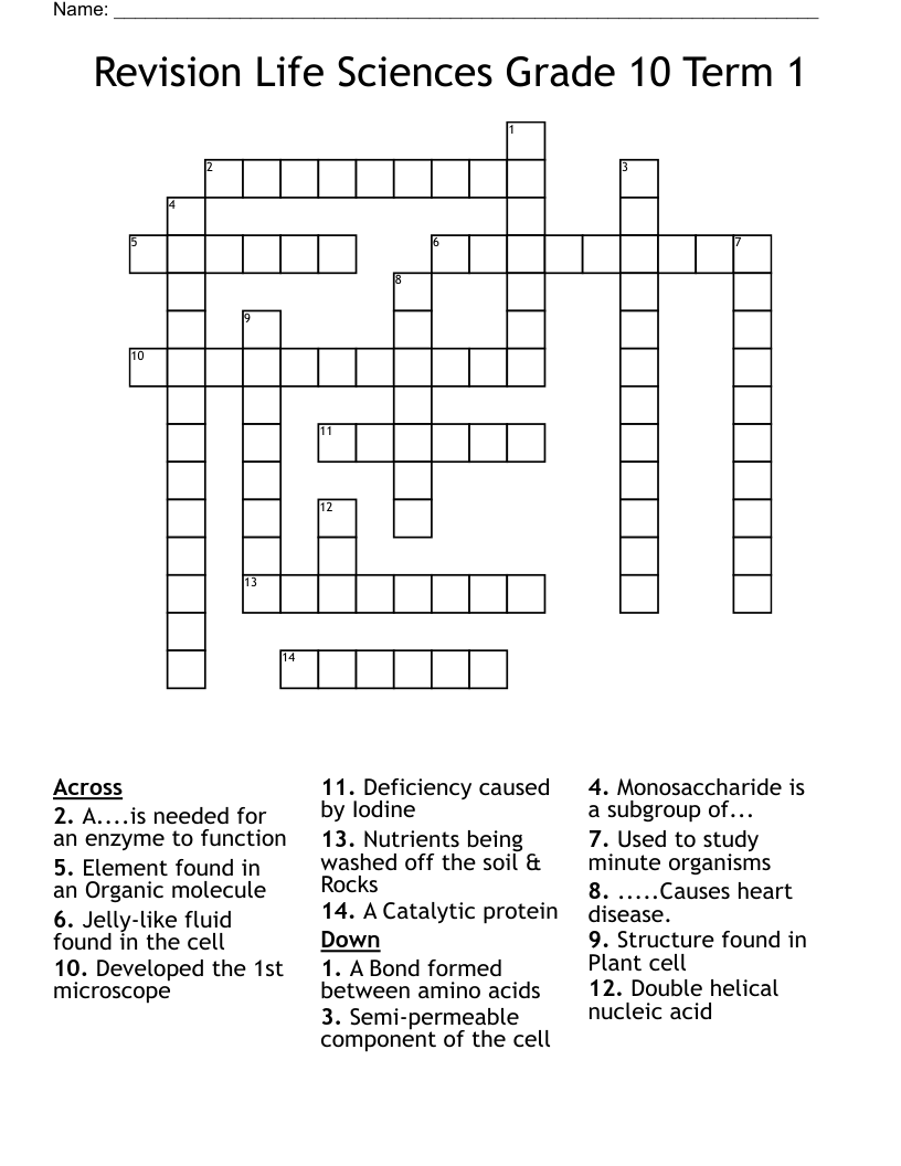 Revision Life Sciences Grade 10 Term 1 Crossword WordMint
