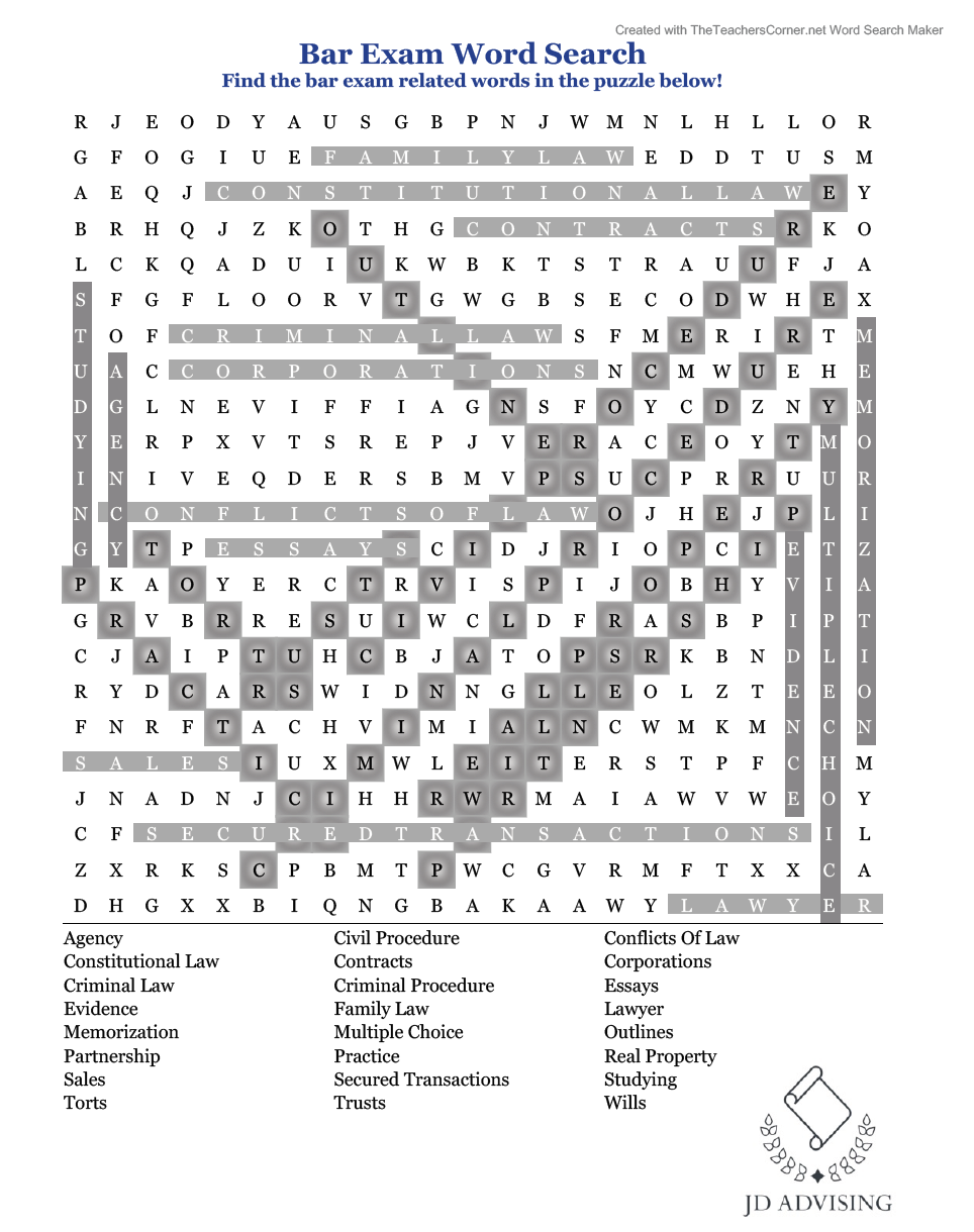 Social Distancing Activity Bar Exam Word Search 