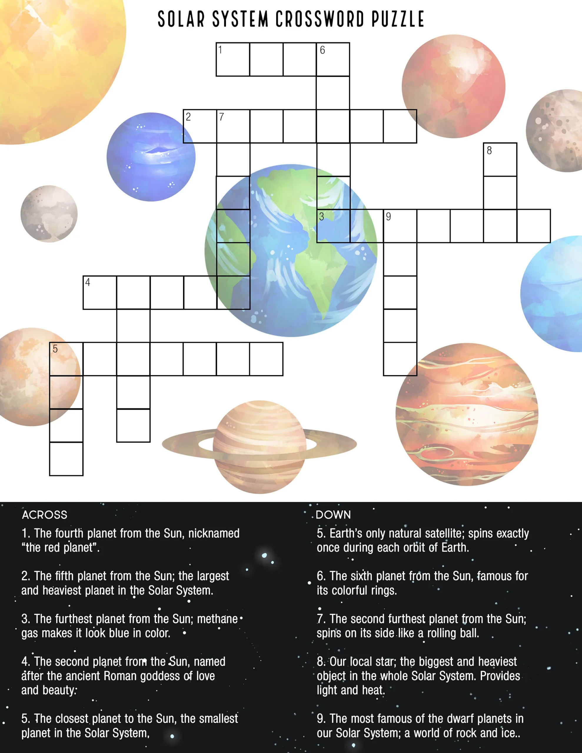 Solar System Crossword Puzzle Educational Printable Digital Print INSTANT DOWNLOAD Etsy