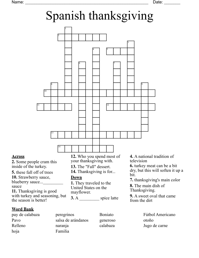 Spanish Thanksgiving Crossword WordMint
