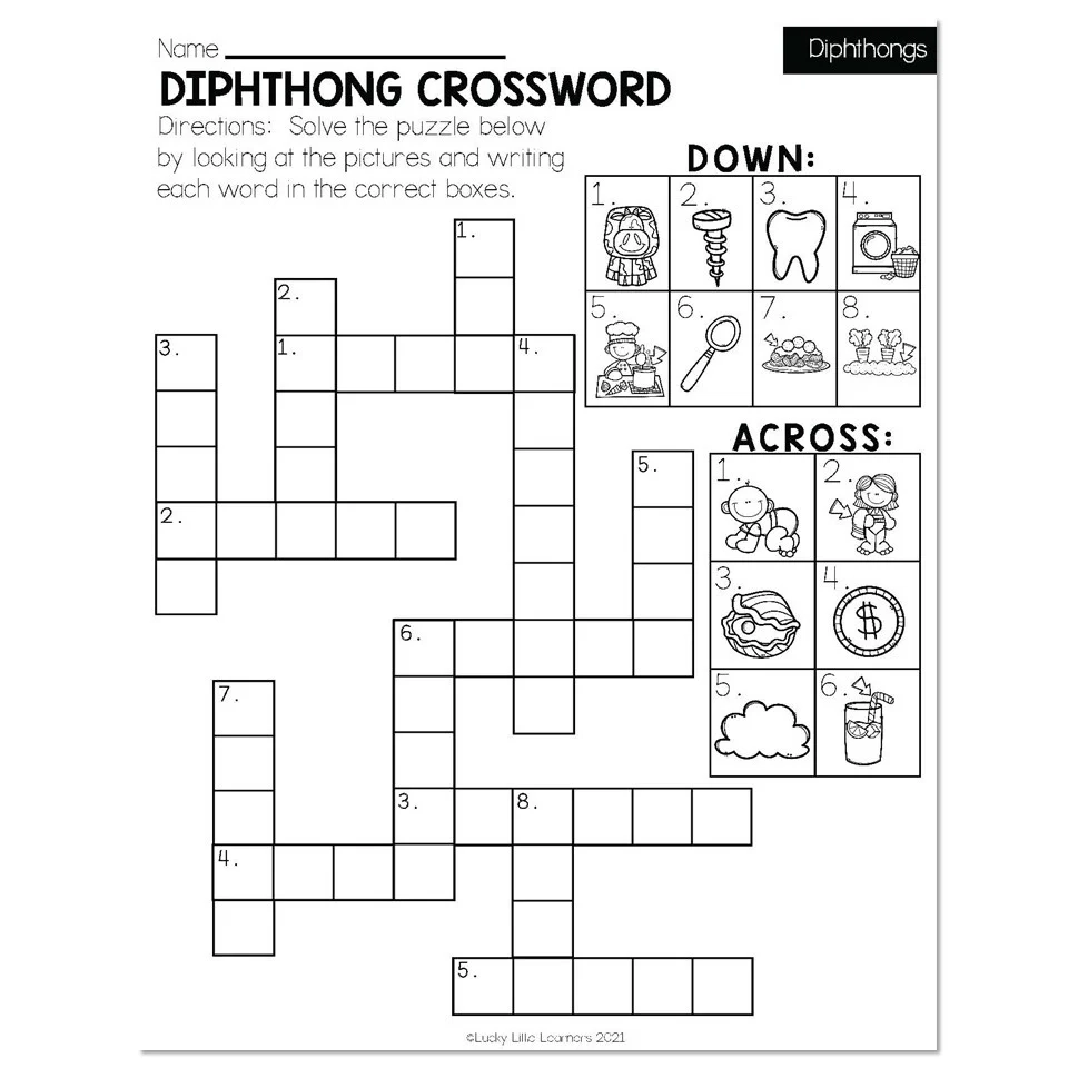 Spring Early Finishers 2nd Grade ELA Diphthongs Diphthong Crossword Lucky Little Learners